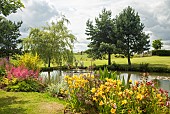 Small lake borders planted with water loving plants