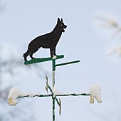 Snow covered weathervane topped by a Wolf figure