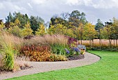 stunning planting of borders in late autumn with rich autumnal russet tones, tints and hues along with texture and shape from grasses, seed heads, and stems of herbaceous perennials, creating a wonderful display at trentham gardens staffordshire in november designed by Piet Oudolf