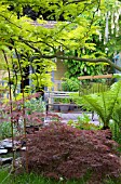 WOODEN BENCH IN SMALL URBAN GARDEN