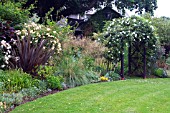 MIXED HERBACEOUS BORDER IN SUMMER WITH ROSA ALBERIC BARBIER ON ARBOUR