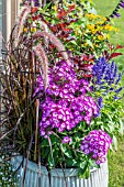 SUMMER CONTAINER BARREL PLANTED WITH PHLOX, GRASS AND SALVIA