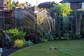 SPRINKLER WATERING GARDEN IN EVENING