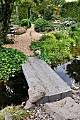 GARDEN POND WITH STONE BRIDGE. DESIGN: MARIANNE AND DETLEF LUEDKE