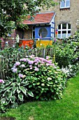 HYDRANGEA  HYDRANGEA  HOSTA  PLANTAIN LILY  IN A BACKYARD GARDEN. DESIGN: JUTTA WAHREN