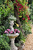 EUPHORBIA HYPERICIFOLIA DIAMOND FROST  SPURGE  IMPATIENS WALLERIANA  BUZY LIZZIE  IN A FOUNTAIN. DESIGN: MARIANNE AND DETLEF LUEDKE