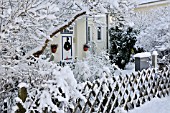 FRONT GARDEN WITH SNOW-COVERED TREES AND SHRUBS