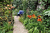 ROSES AND HEMEROCALLIS IN A BACK GARDEN. DESIGN: JUTTA WAHREN