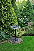 CONIFERS WITH BIRD BATH. DESIGN: MARIANNE AND DETLEF LUEDKE