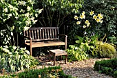 GARDEN BENCH WITH HYDRANGEA PANICULATA, PEE GEE HYDRANGEA, LILIUM, LILY. DESIGN: MARIANNE AND DETLEF LUEDKE