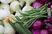 COLLECTION OF VEGETABLES. ONIONS,  COURGETTE, FRENCH BEANS