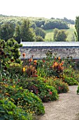 HOT BORDER, WEST DEAN GARDENS, AGAINST CHALK DOWNLAND, SEPTEMBER