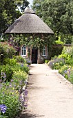 WEST DEAN GARDENS, SUSSEX, BLUE & YELLOW BORDER WITH APPLE STORE