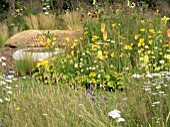 JORDANS WILDLIFE GARDEN DESIGNED BY SELINA BOTHAM. NATURAL PLANTING WITH SCULPTURED STRAW BENCH